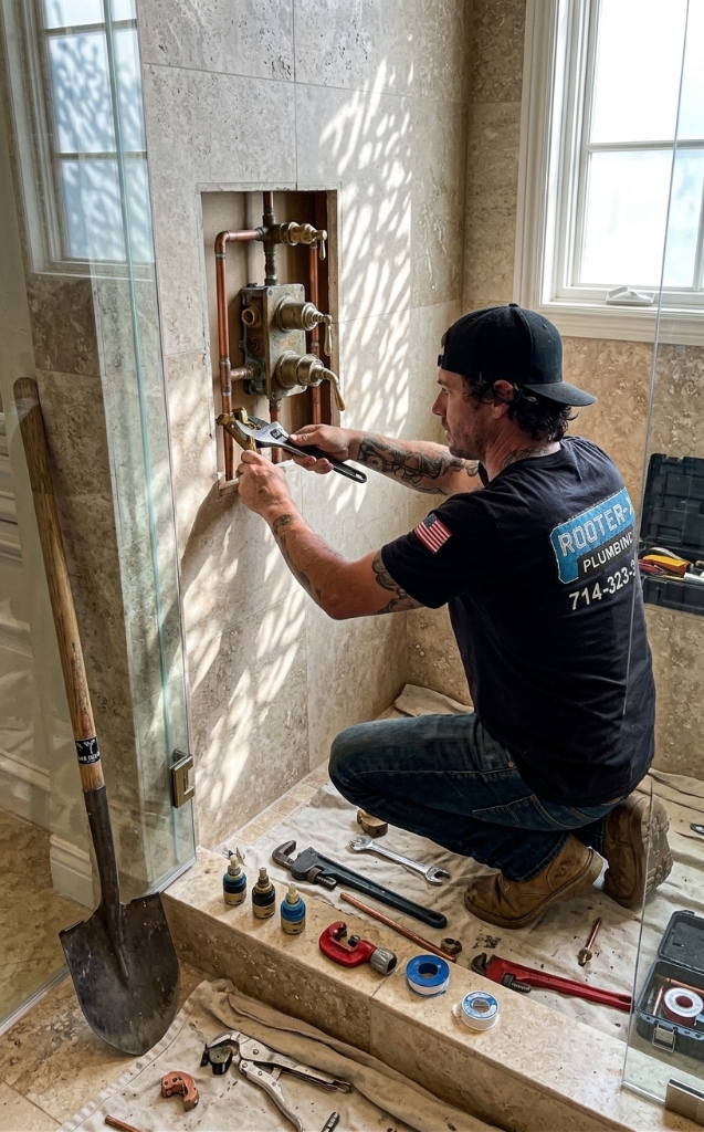 Rooter-X technician installing custom copper shower valve repipe